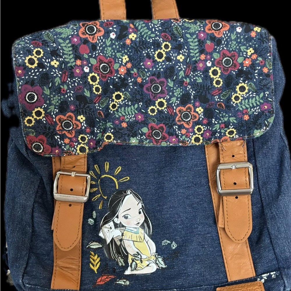 Floral Denim Backpack with Tan Accents